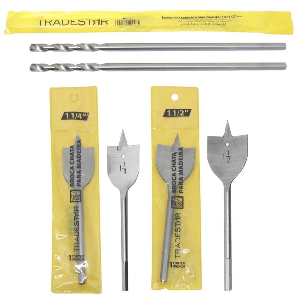 Kit 4 Brocas Chatas + 2 Brocas Mourão Extra Longa Madeira