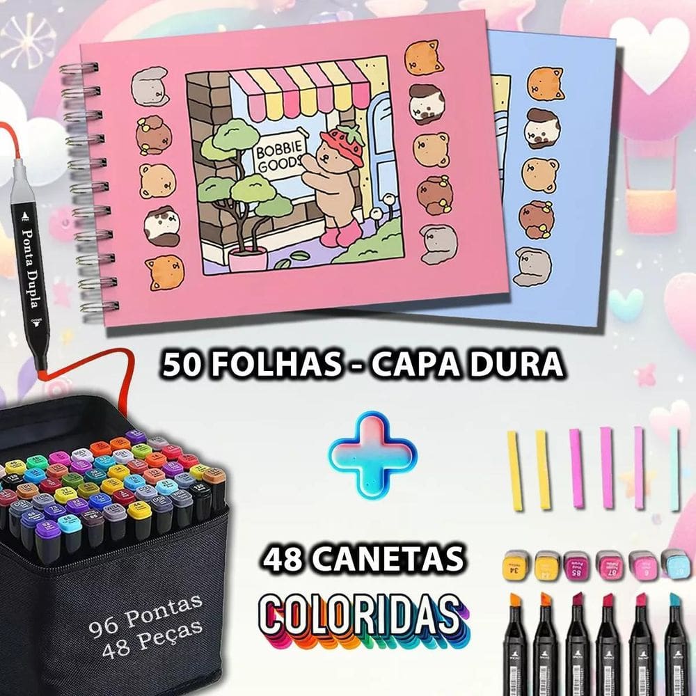 Kit Caderno + Canetinhas Bobbie Goods Ponta Dupla 48 - Rosa