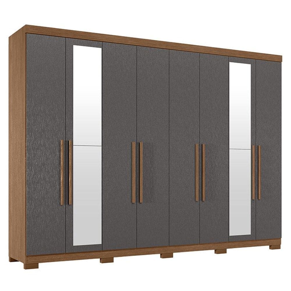 Guarda Roupa Casal 8 Portas 4 Gavetas Master New com Espelho e Pés Jatobá Grafite Acetinado - Santos Andirá