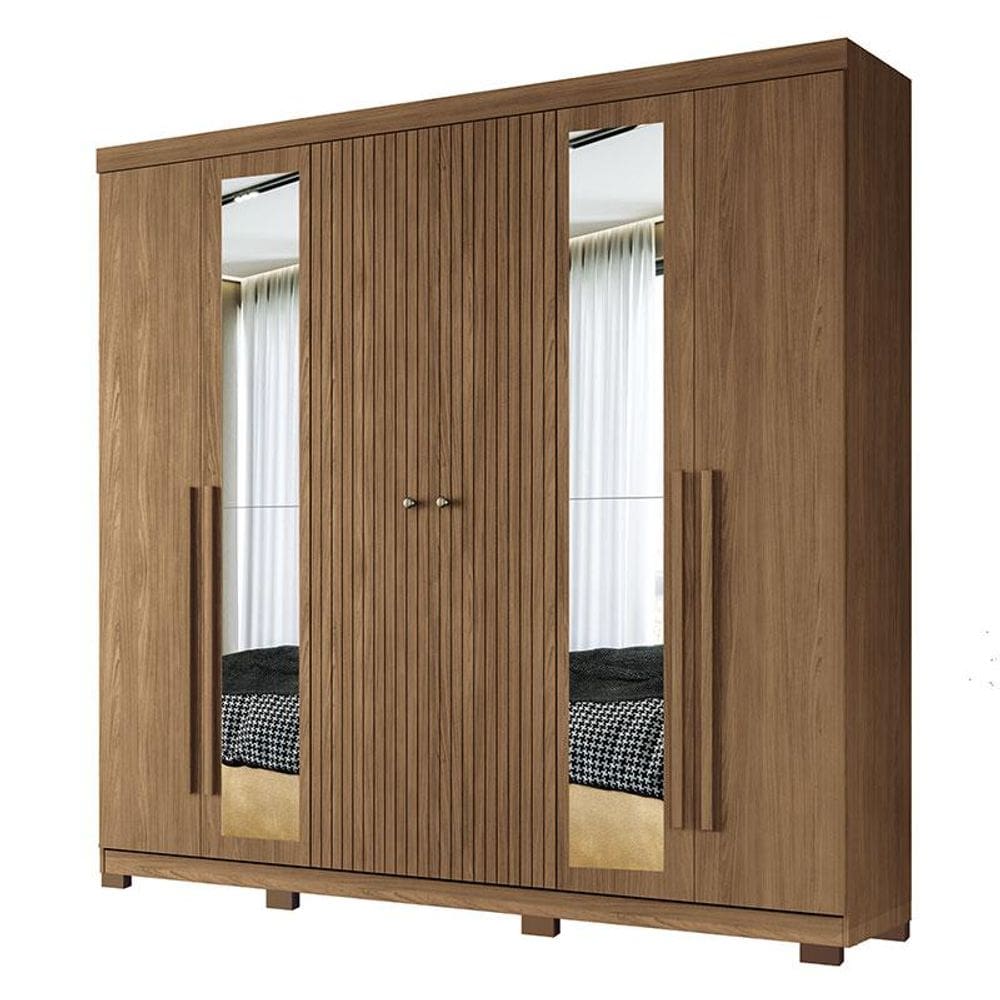 Guarda Roupa Casal Ripado 6 Portas Buriti com Espelho e Pés Jatobá Acetinado - Santos Andirá