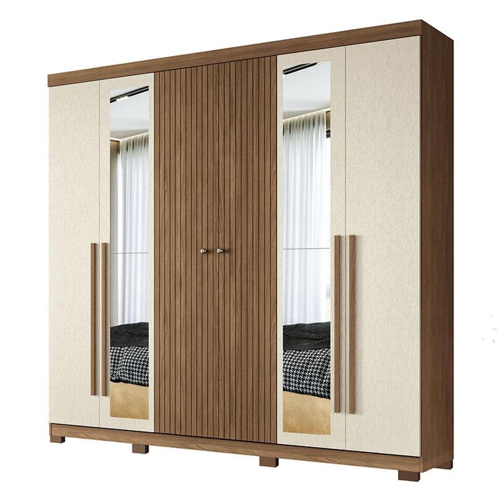 Guarda Roupa Casal Ripado 6 Portas Buriti com Espelho e Pés Jatobá Areia Acetinado - Santos Andirá