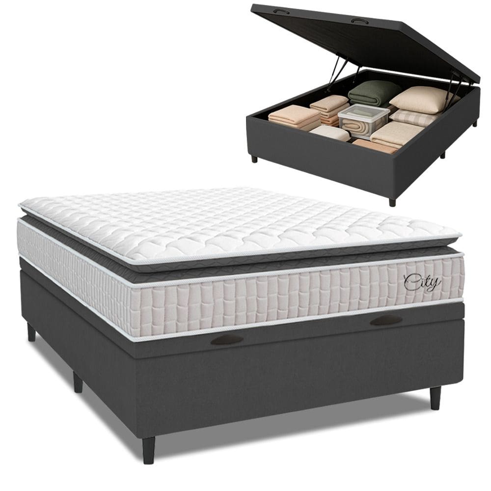 Cama Box Baú Colchão Casal Molas Ensacadas City Pillow Top 138x188x64cm Branco / Cinza Hellen - Supo
