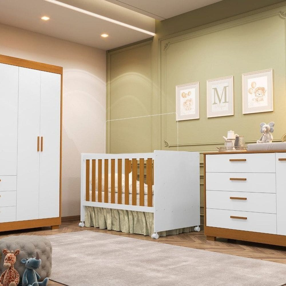 Quarto Completo Zaki com Berço 3 em 1 Katatau Branco Fosco/Savana