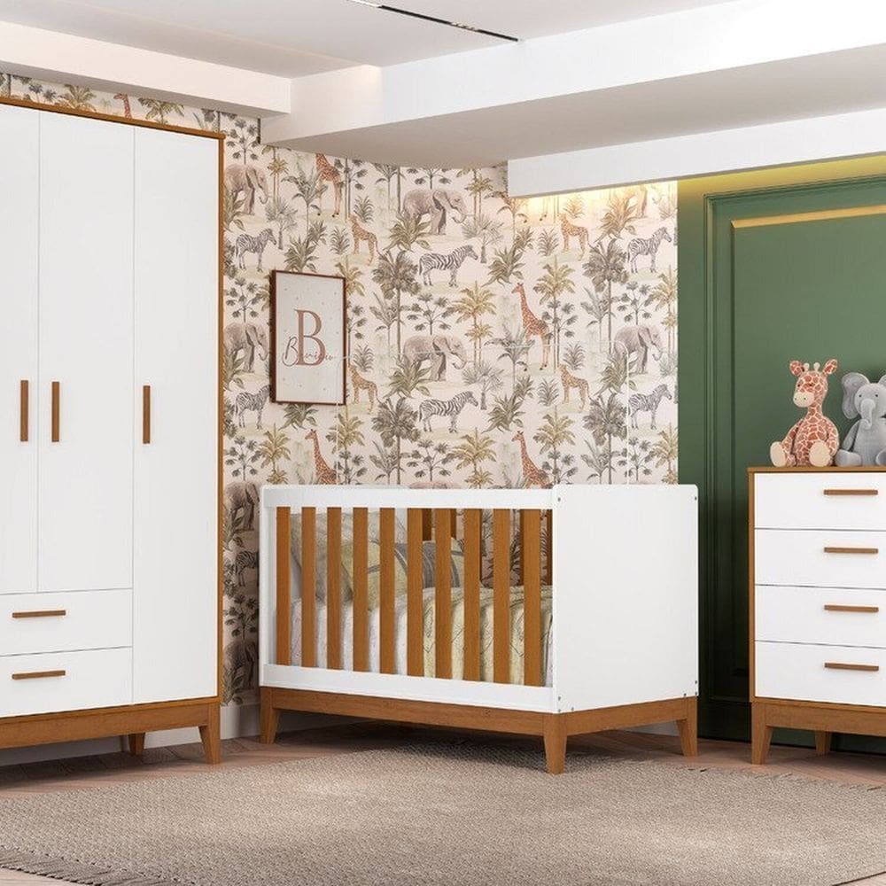 Quarto Completo com Roupeiro 3 Portas Flip Branco Fosco/Savana