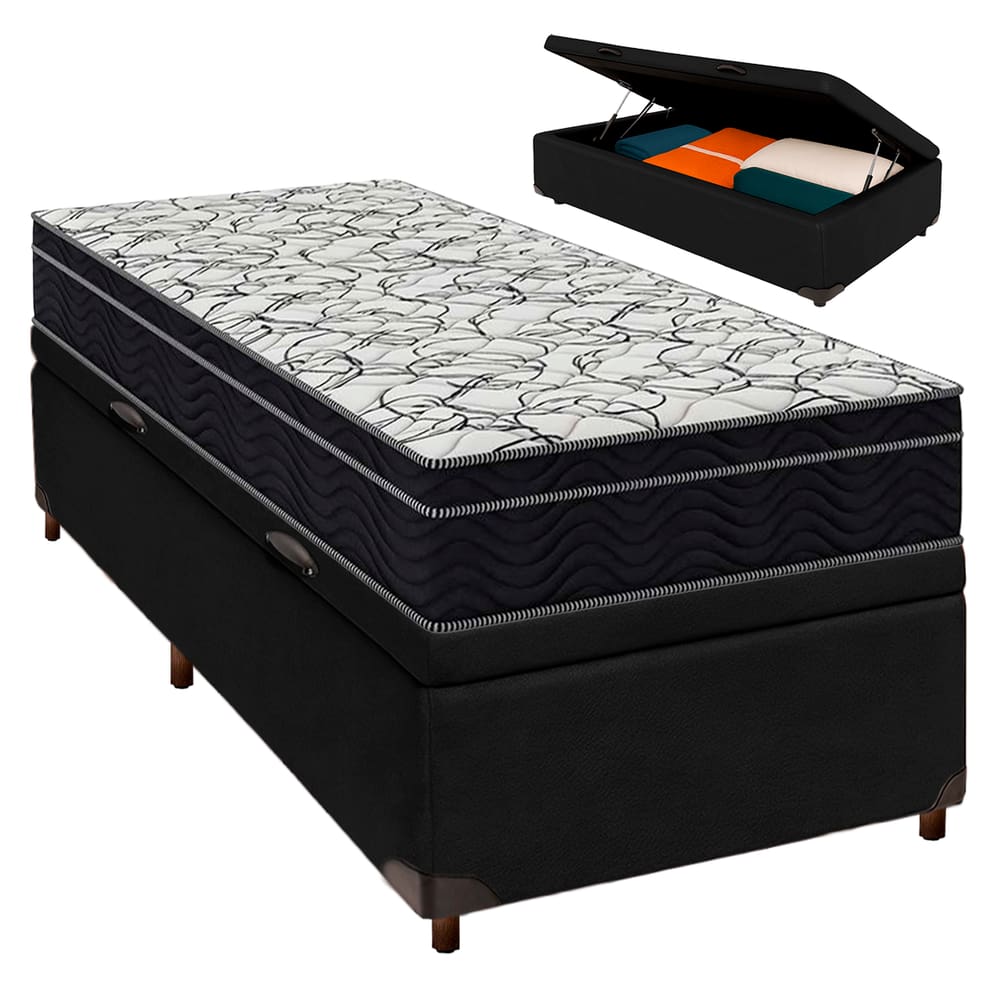 Box Bau Preto + Colchão Solteiro Airtech 150 Ortobom