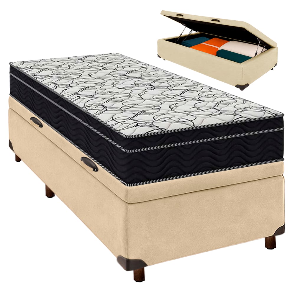 Cama Box Bau Perola + Colchão Solteiro Airtech 150 Ortobom