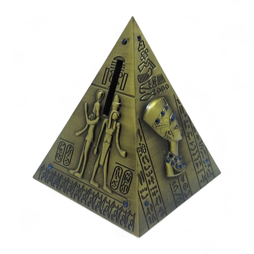 Cofre Pirâmide Egípcia Hieróglifos Dourada Pedras Azuis 11 cm