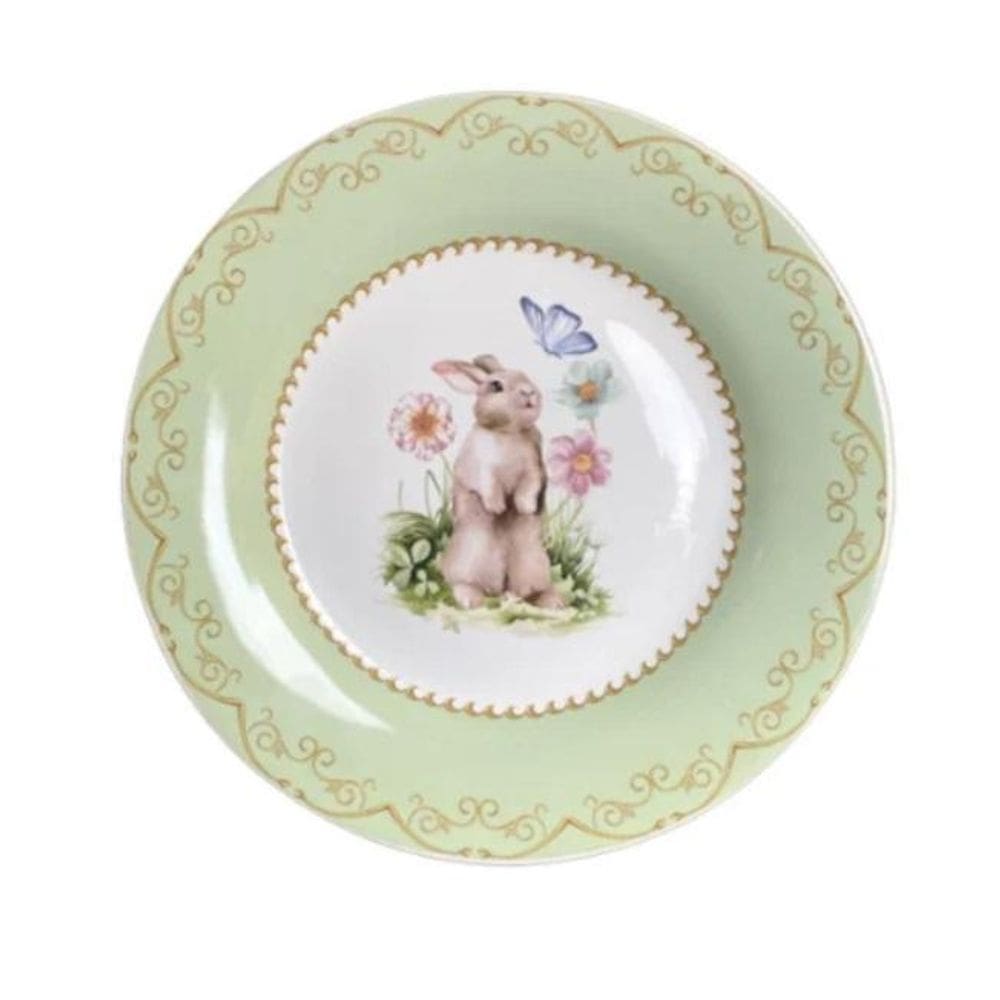 Jogo De Pratos Sobremesa Coelho Flores Verde Páscoa 6Uni