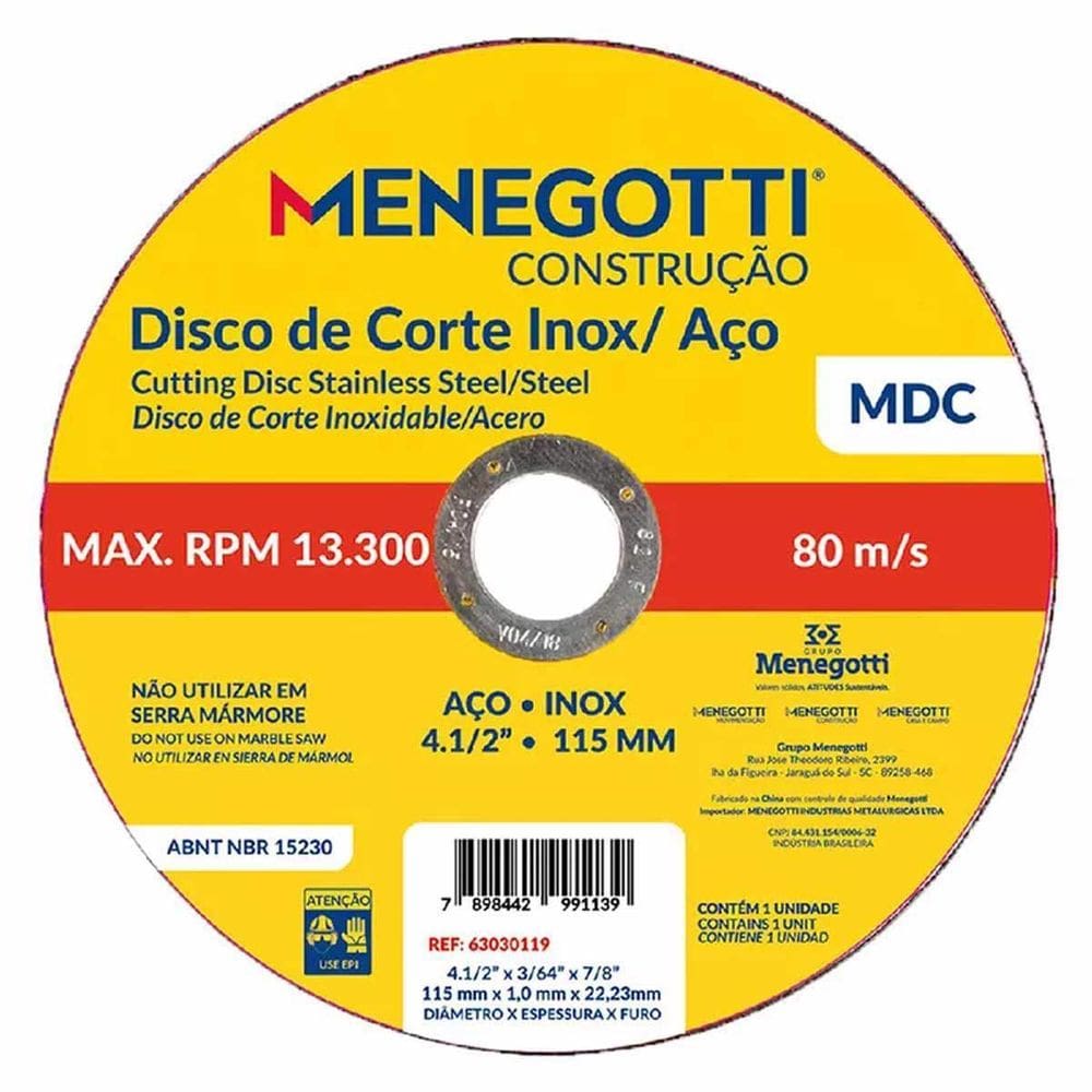 Disco Corte 50Un Aço Inox 4.1/2 115Mm 13300Rpm Mdc Menegotti
