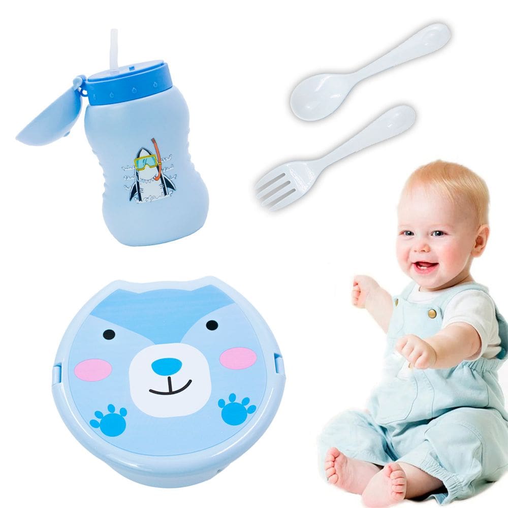 Kit Marmita Infantil Completo - Pote com Divisória 500ml + Garrafa 350ml + Talheres - Azul - Lancheira Escolar Prática