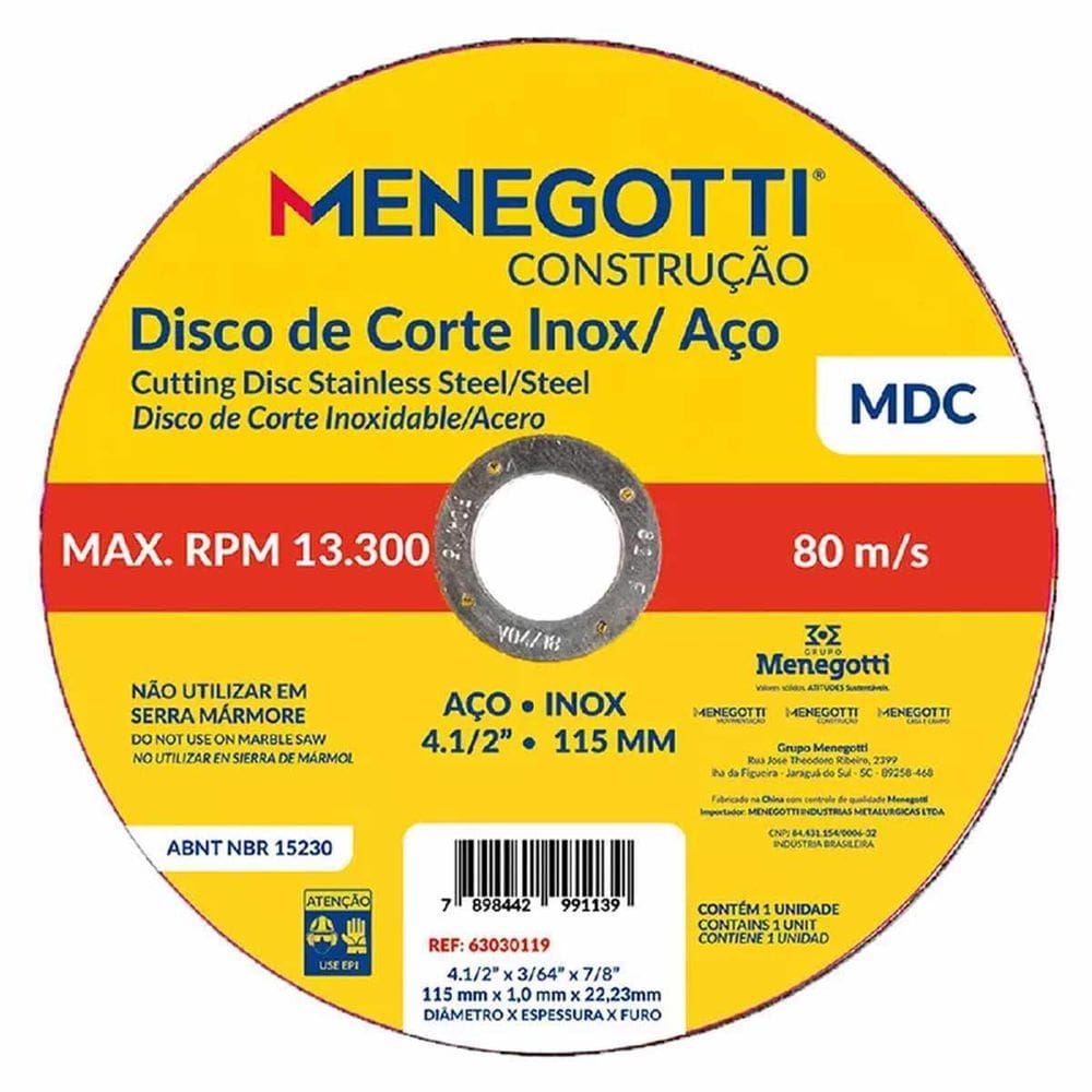 Disco Corte 10Un Aço Inox 4.1/2 115Mm 13300Rpm Mdc Menegotti
