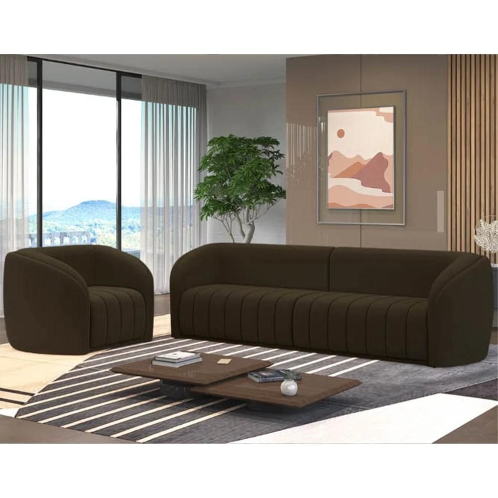 Sofá Decorativo 4 Lugares 332cm e Poltrona Meris Z32 Veludo Marrom - Mpozenato