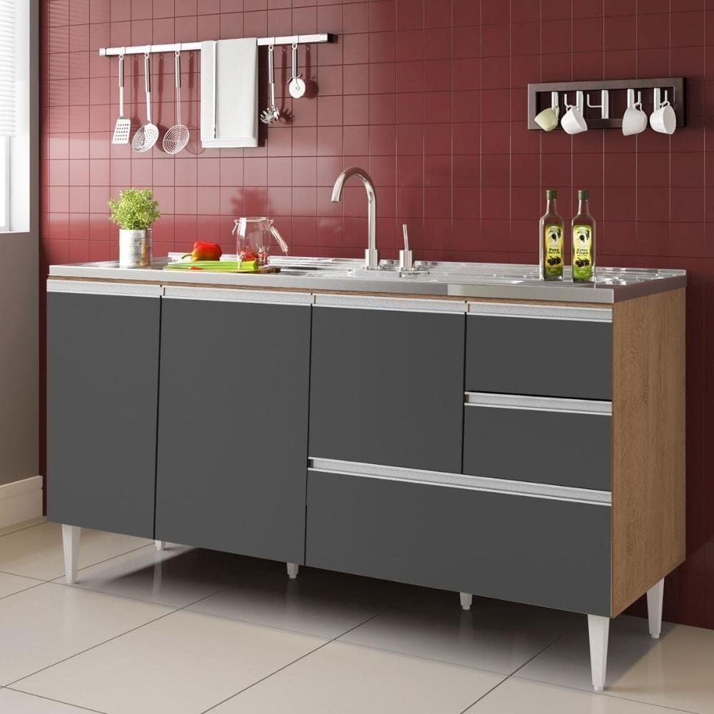 Balcão Maceió Para Pia 1,60 3 Portas Com Gavetão Amêndoa Grafite