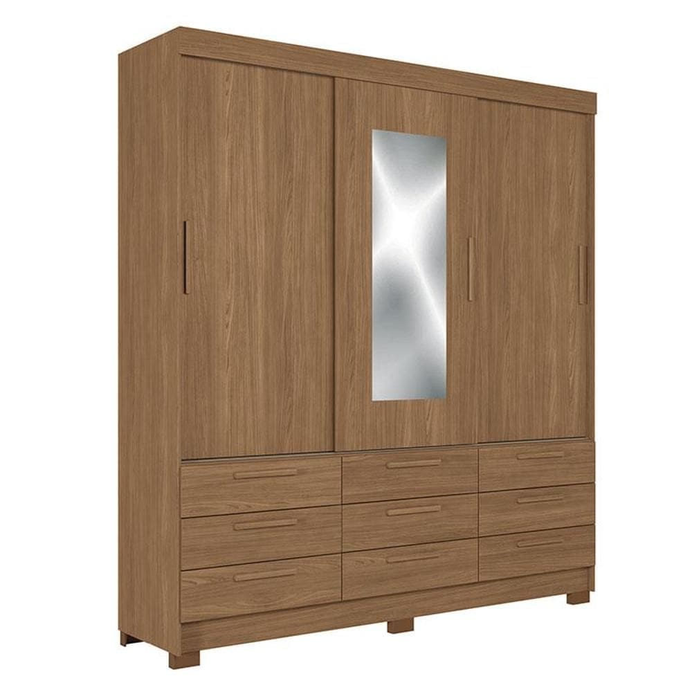 Guarda Roupa Casal 3 portas de correr 9 gavetas Morretes com espelho Jatobá - Santos Andirá