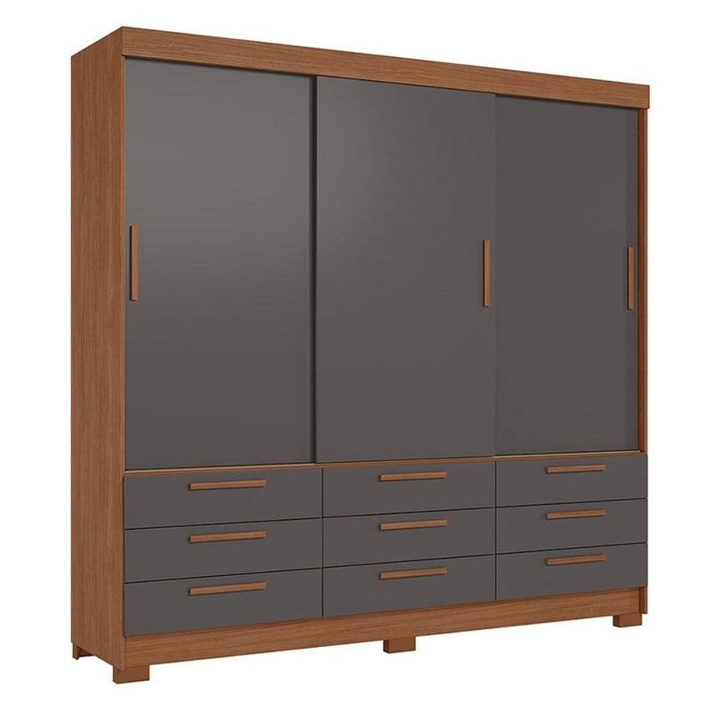 Guarda Roupa Casal 3 portas de correr 9 gavetas Morretes Jatobá Grafite - Santos Andirá