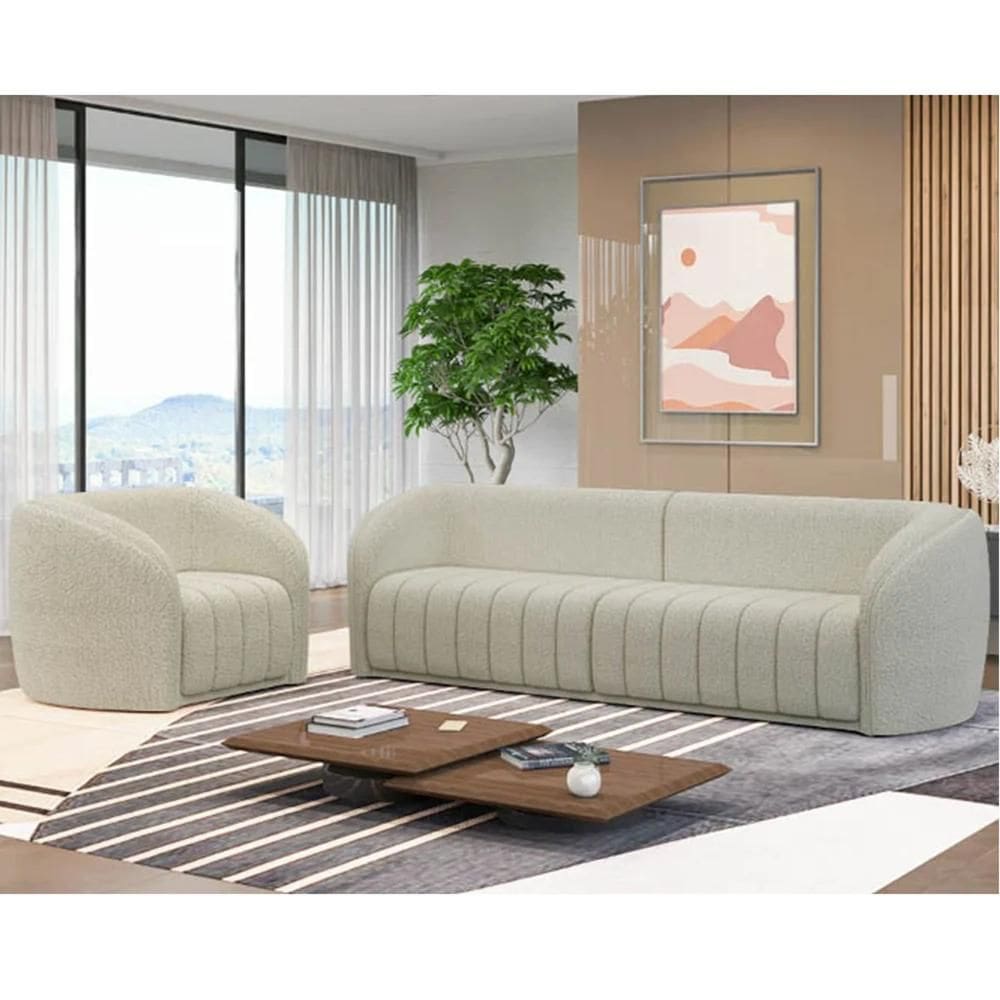 Sofá Decorativo 4 Lugares 332cm e Poltrona Meris Z32 Boucle Cru - Mpozenato