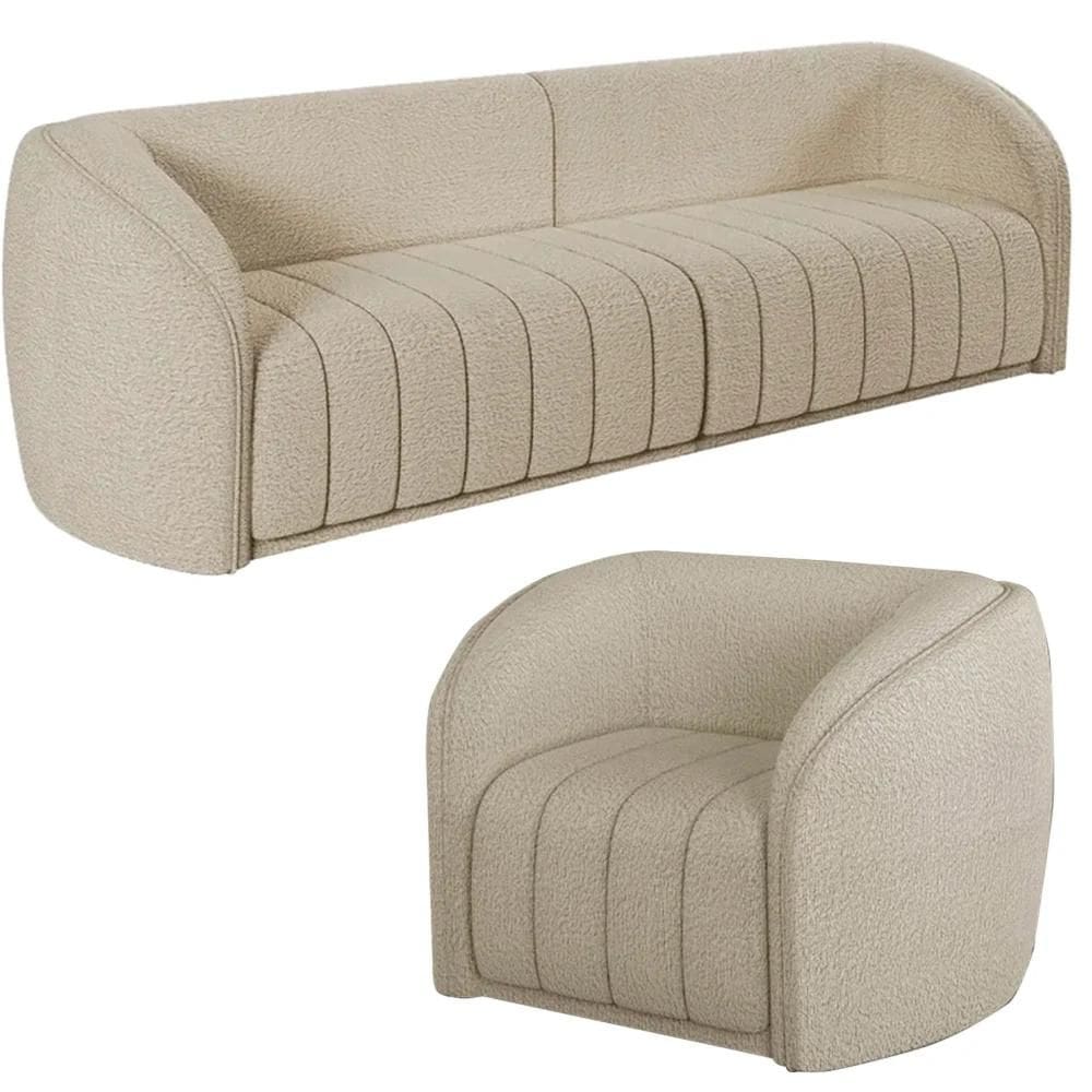 Sofá Decorativo 4 Lugares 332cm e Poltrona Meris Z32 Boucle Bege - Mpozenato