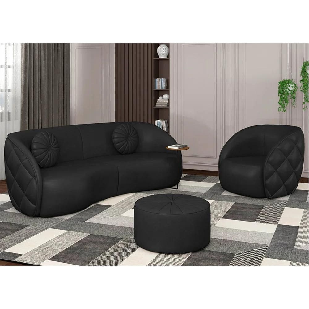 Sofá Decorativo 4 Lugares 318cm com Almofadas e Poltrona Zion Z32 Sintético Preto - Mpozenato