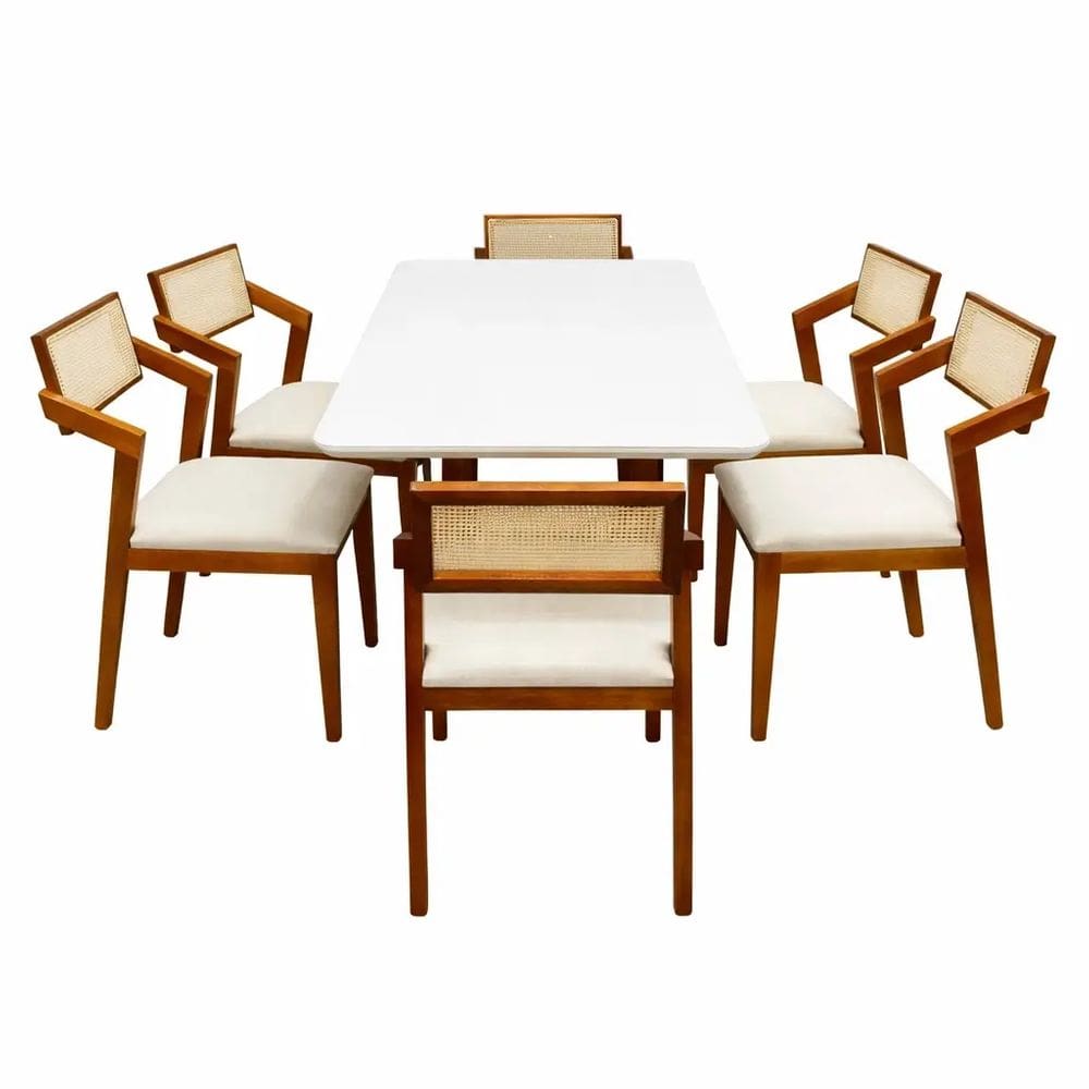 Mesa de Jantar Bali 160x90cm com Vidro e 6 Cadeiras Berlim Hr em Linho Madeira Minas Plac Cor Cinamomo Off White com Tecido Bege