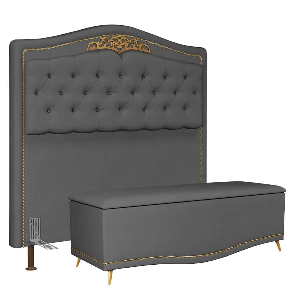 Cabeceira Cama Box Casal 140cm com Calçadeira Baú Imperial Veludo J02 Cinza - Mpozenato