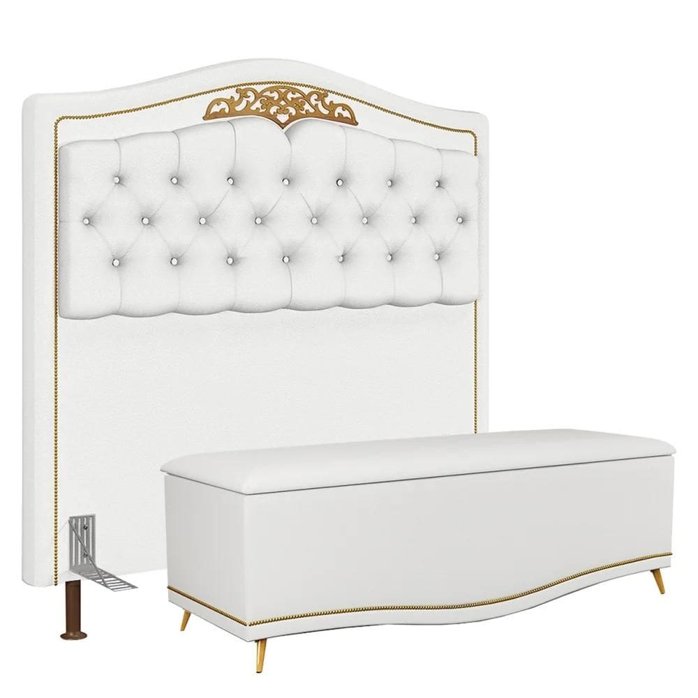 Cabeceira Cama Box Casal 140cm com Calçadeira Baú Imperial J02 Sintético Branco - Mpozenato