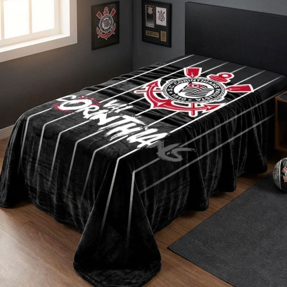 Cobertor Corinthians Solteiro Raschel Jolitex Toque Macio e Aveludado