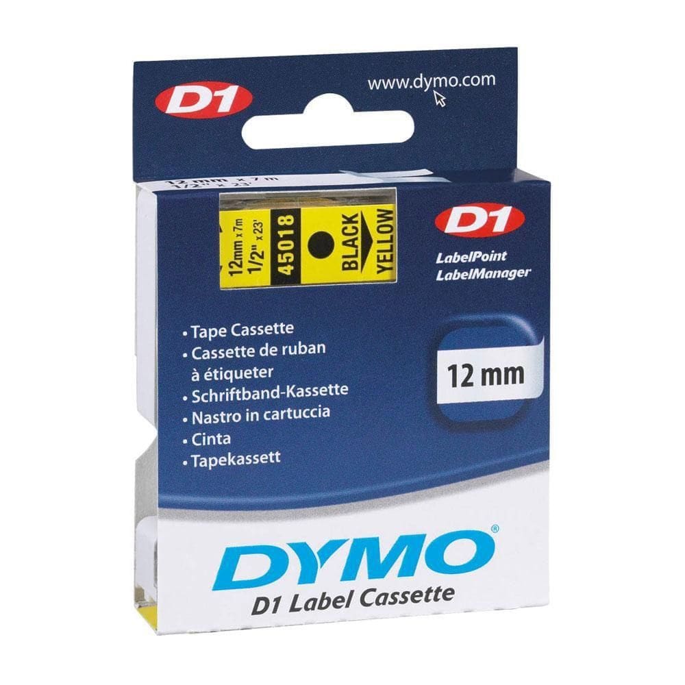 Fita Rotulador D1 Label Cassette, Autoadesiva, Poliéster, 12mm x 7m, Preto e Amarelo 45018 Dymo