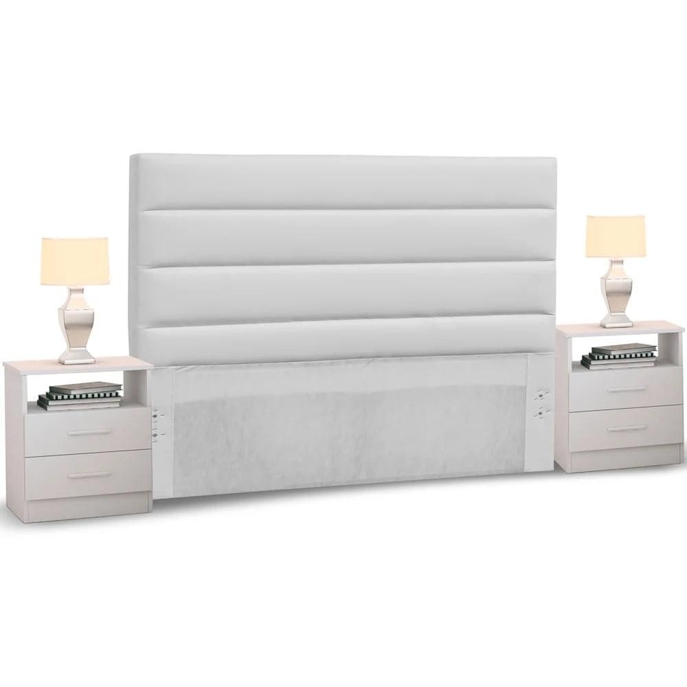Cabeceira Cama Box Casal 140cm Greta Corano Branco e 2 Mesas de Cabeceira Flex Branco - Mpozenato