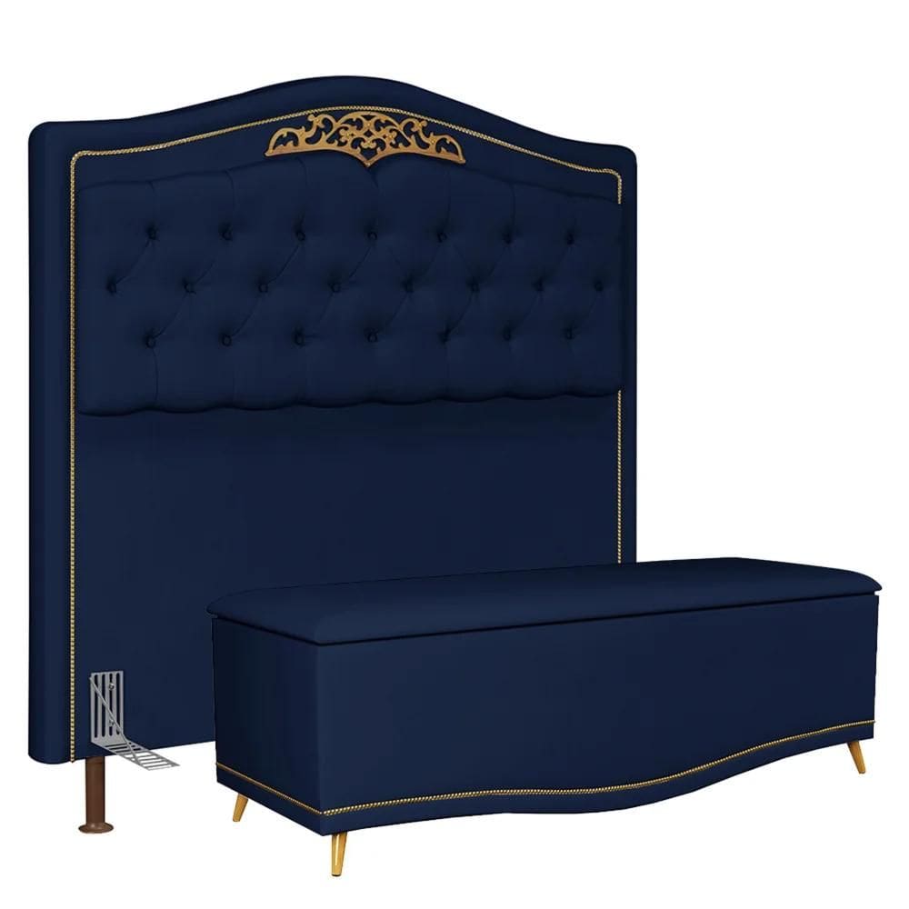 Cabeceira Cama Box Casal King 195cm com Calçadeira Baú Imperial Veludo J02 Azul - Mpozenato