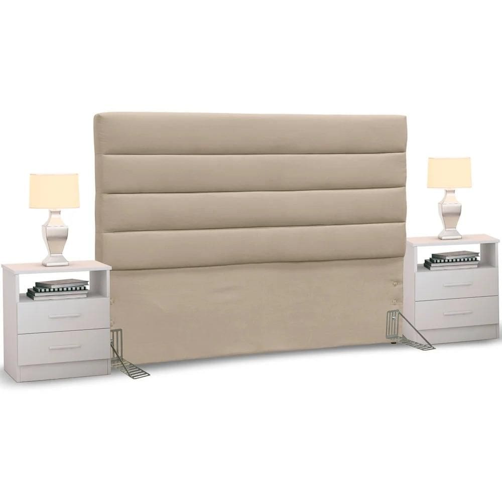 Cabeceira Cama Box Casal King 195cm Greta Suede Bege e 2 Mesas de Cabeceira Flex Branco - Mpozenato