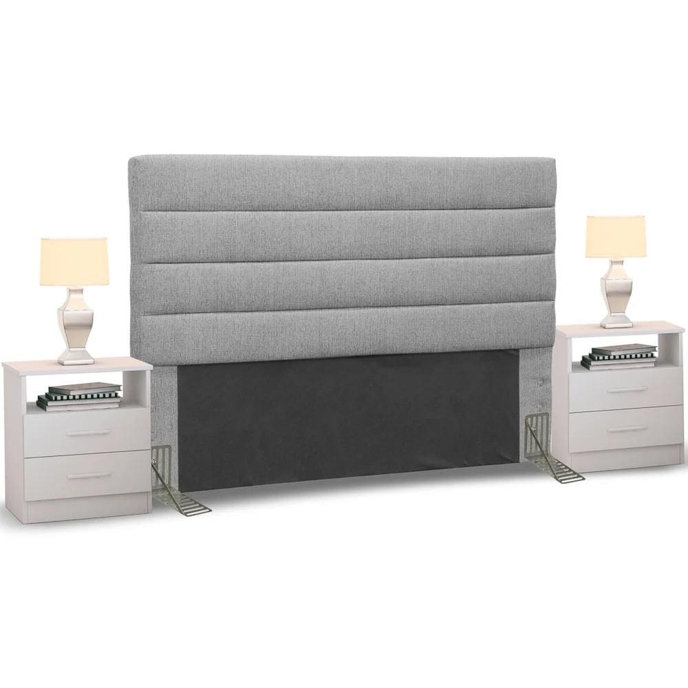 Cabeceira Cama Box Casal King 195cm Greta Linho Cinza e 2 Mesas de Cabeceira Flex Branco - Mpozenato