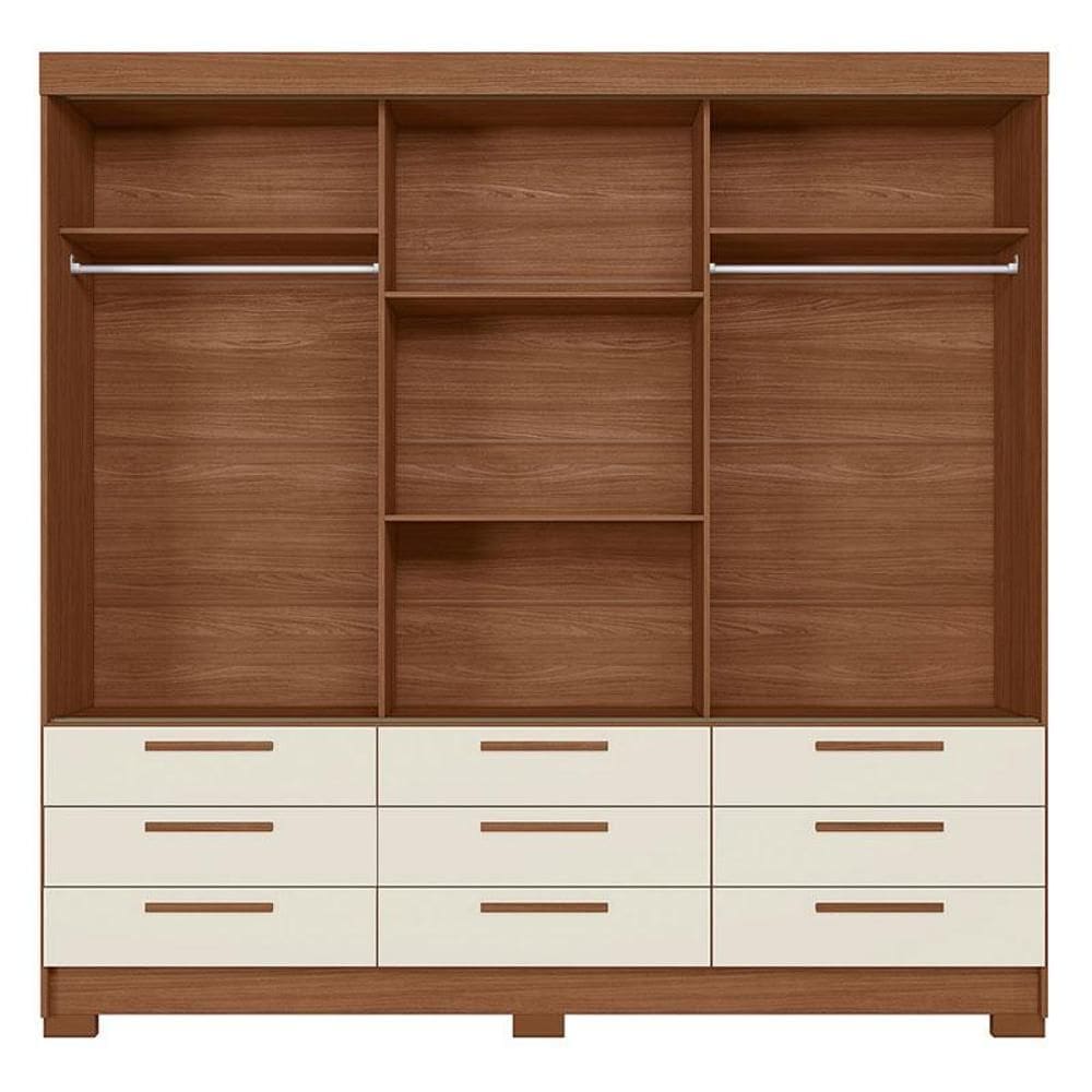 Guarda Roupa Casal 3 portas de correr 9 gavetas Morretes com espelho Jatobá Areia - Santos Andirá