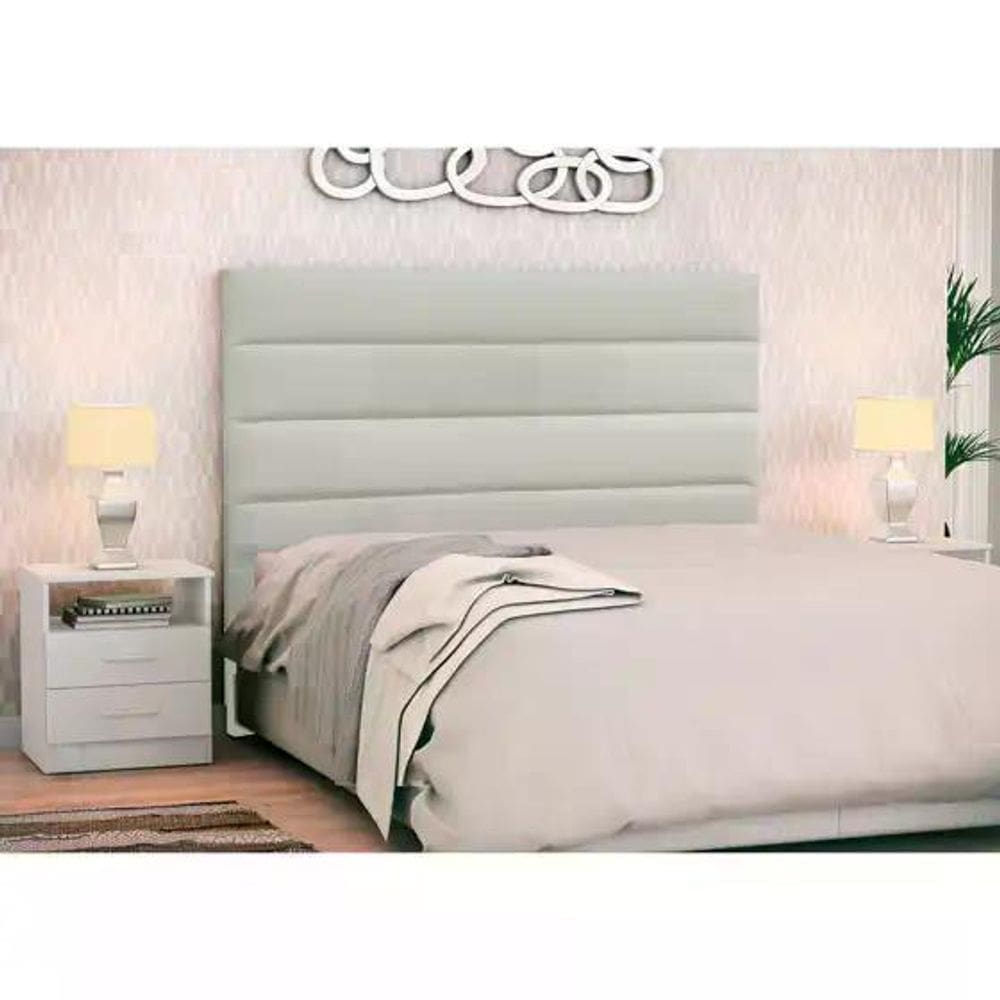 Cabeceira Cama Box Casal King 195cm Greta Corano Bege e 2 Mesas de Cabeceira Flex Branco - Mpozenato