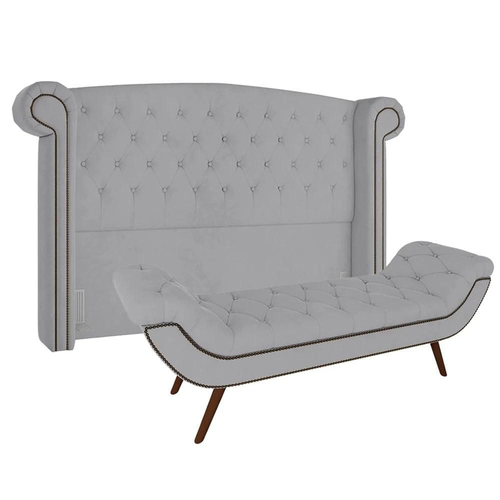 Cabeceira Cama Box Casal King 195cm Provença com Calçadeira Vêneto Z37 Veludo Cinza - Mpozenato