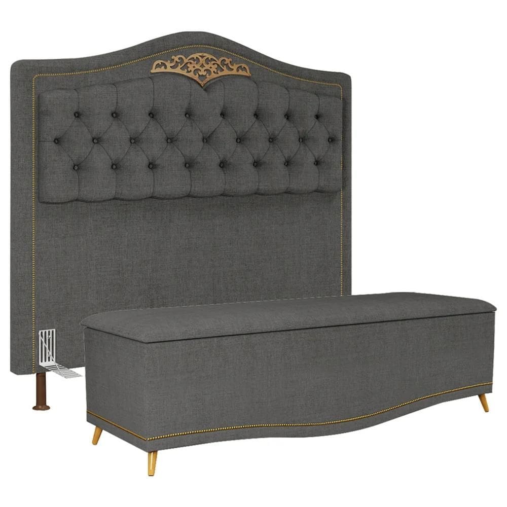 Cabeceira Cama Box Casal King 195cm com Calçadeira Baú Imperial J02 Linho Grafite - Mpozenato