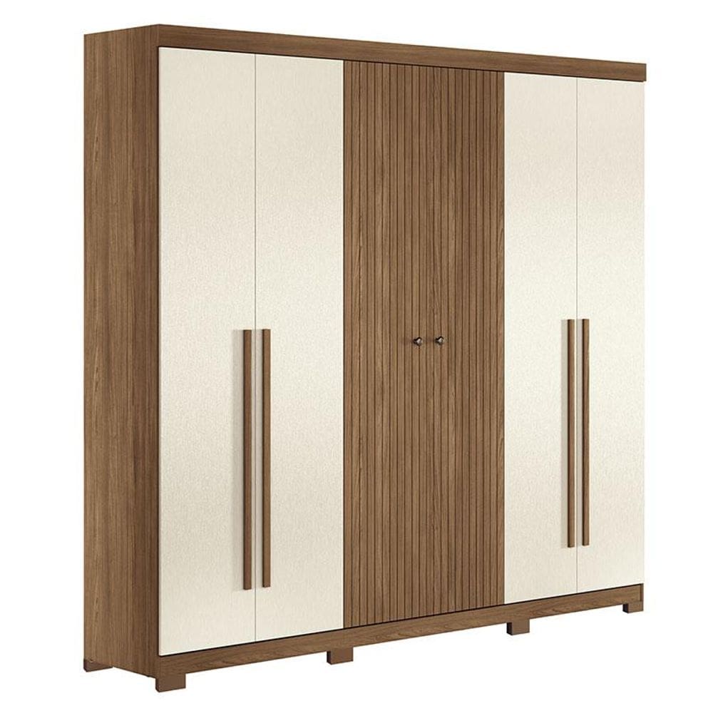 Guarda Roupa Casal Ripado 6 portas Buriti Jatobá Areia Acetinado com Pés - Santos Andirá