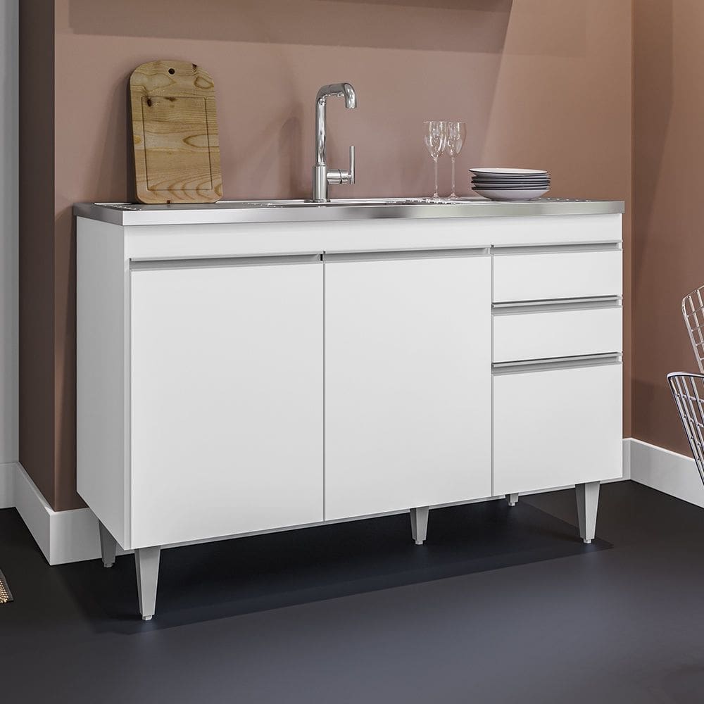 Balcão de Pia Melissa 120cm 3 Portas 2 Gavetas Branco Maderatto Móveis