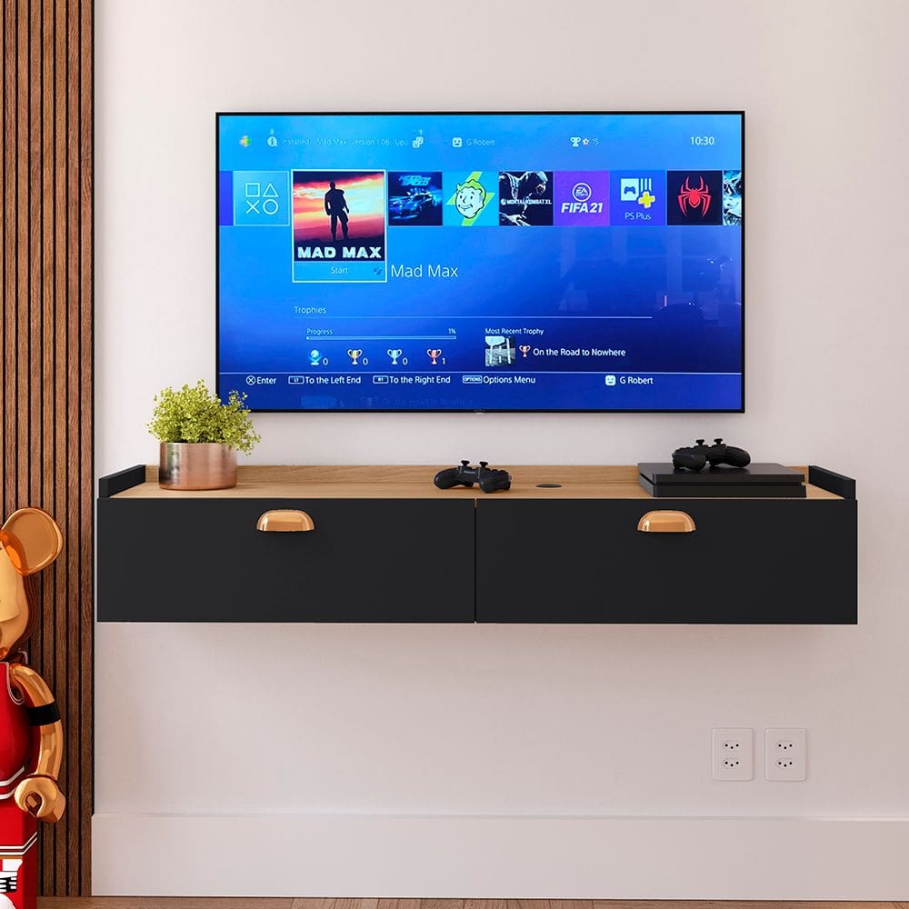 Rack Suspenso 1.20 Home Decor Tv 42” Bancada Flutuante 2 Porta Puxador Concha Sala Quarto Preto/Hanover - Lojas RPM