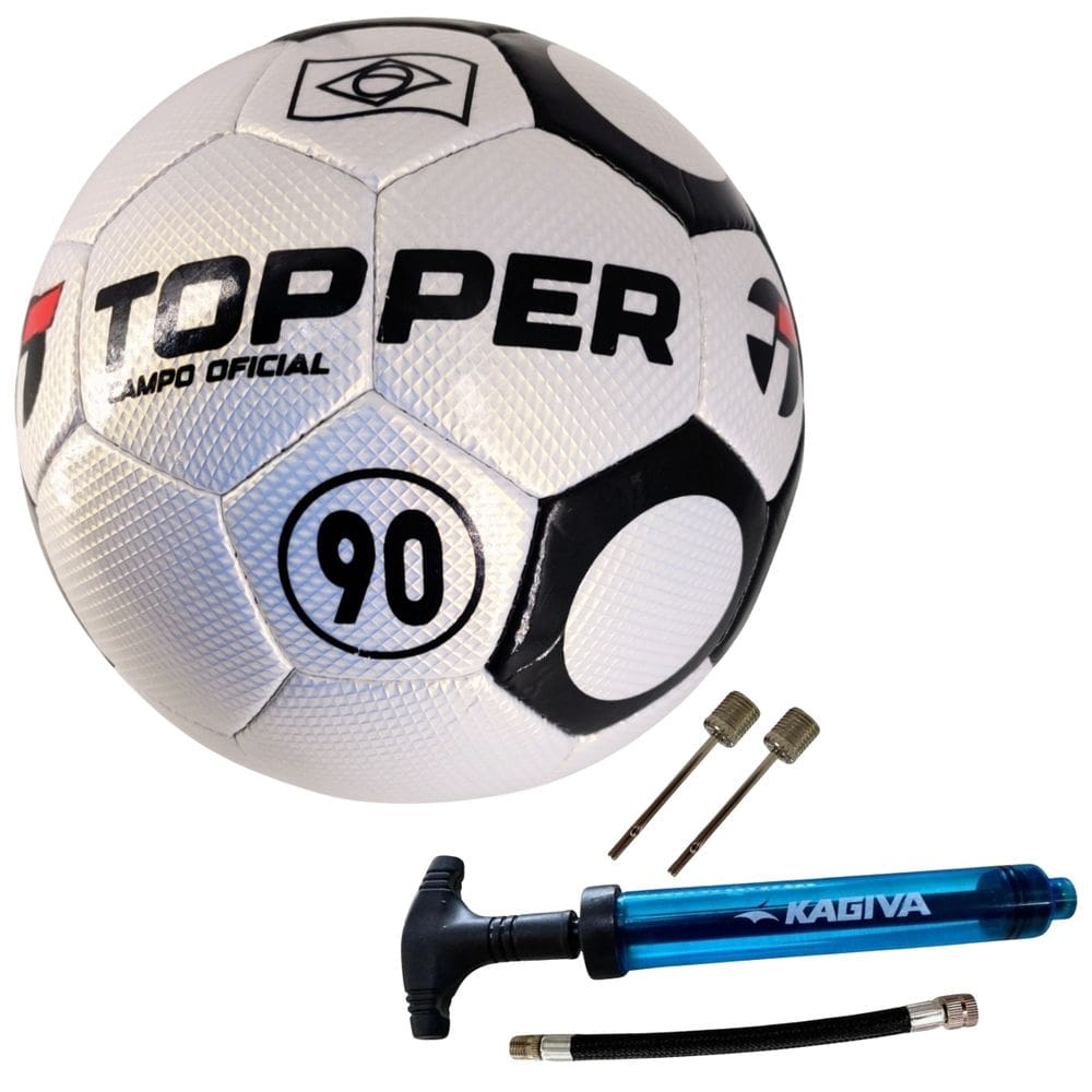 KIT Bola De Futebol Campo Topper 90 Oficial Costurada à Mão+ Bomba De Ar Kagiva Dupla Ação