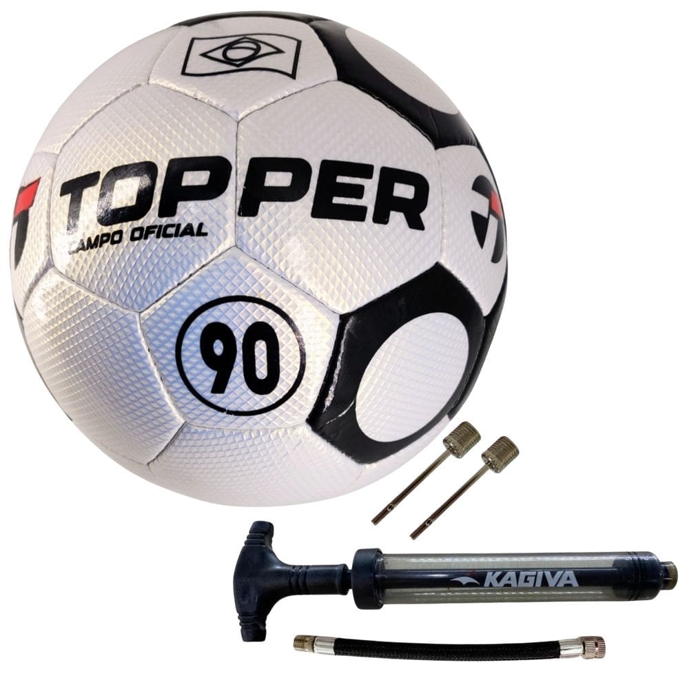 KIT Bola De Futebol Campo Topper 90 Oficial Costurada à Mão+ Bomba De Ar Kagiva Dupla Ação