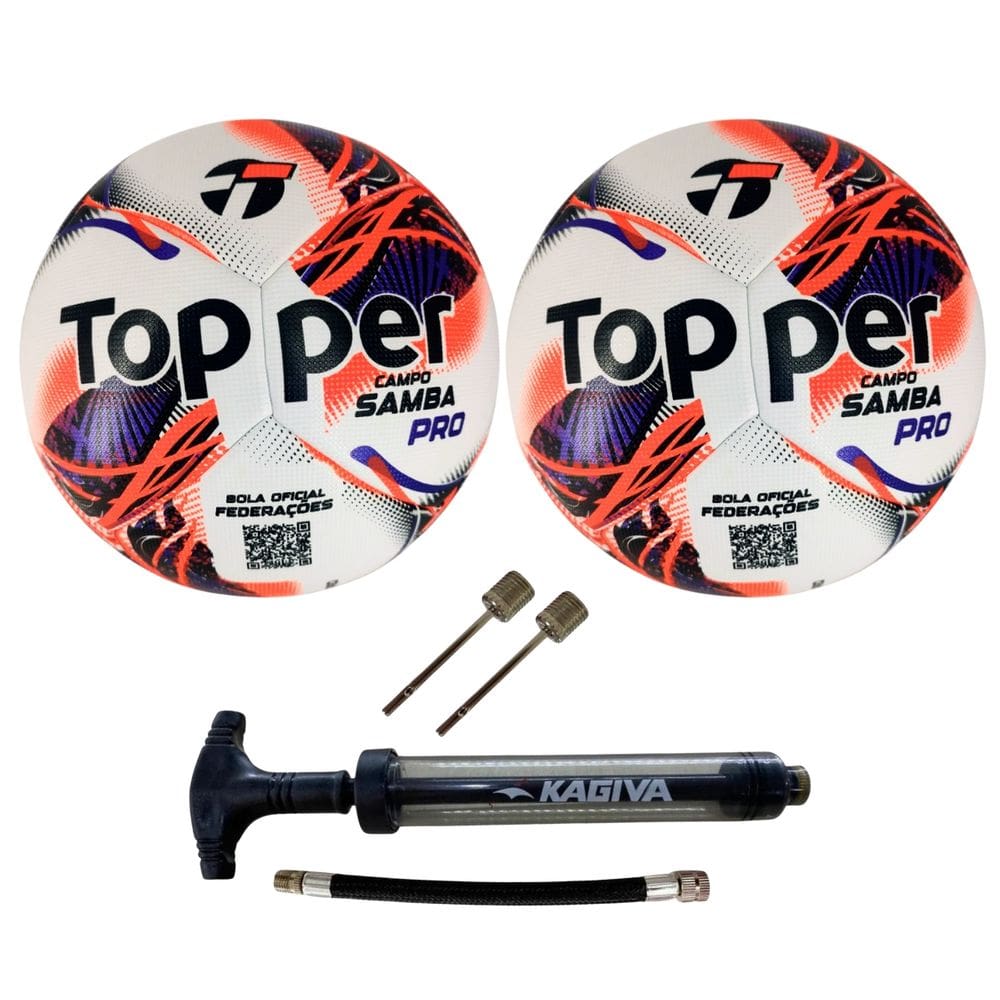 Kit 02 Bola De Futebol Campo Topper Samba Velocity PRO 2026+01 Bomba De Ar Kagiva Dupla Ação