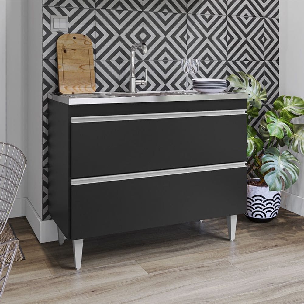 Balcão de Pia Esmeralda 100cm 2 Portas Basculantes Preto Maderatto Móveis