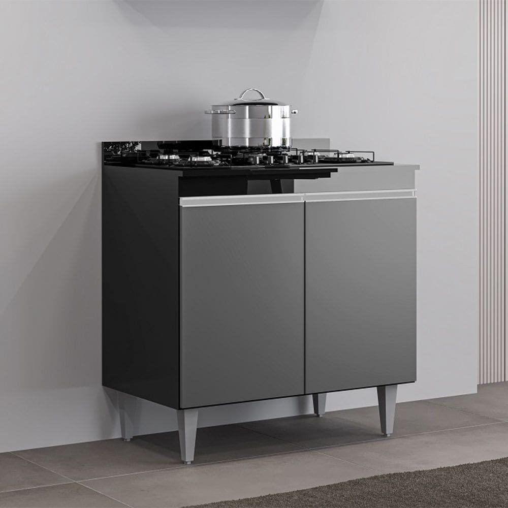 Balcão Cooktop Ellen 80cm 2 Portas Preto Grafite Maderatto Móveis