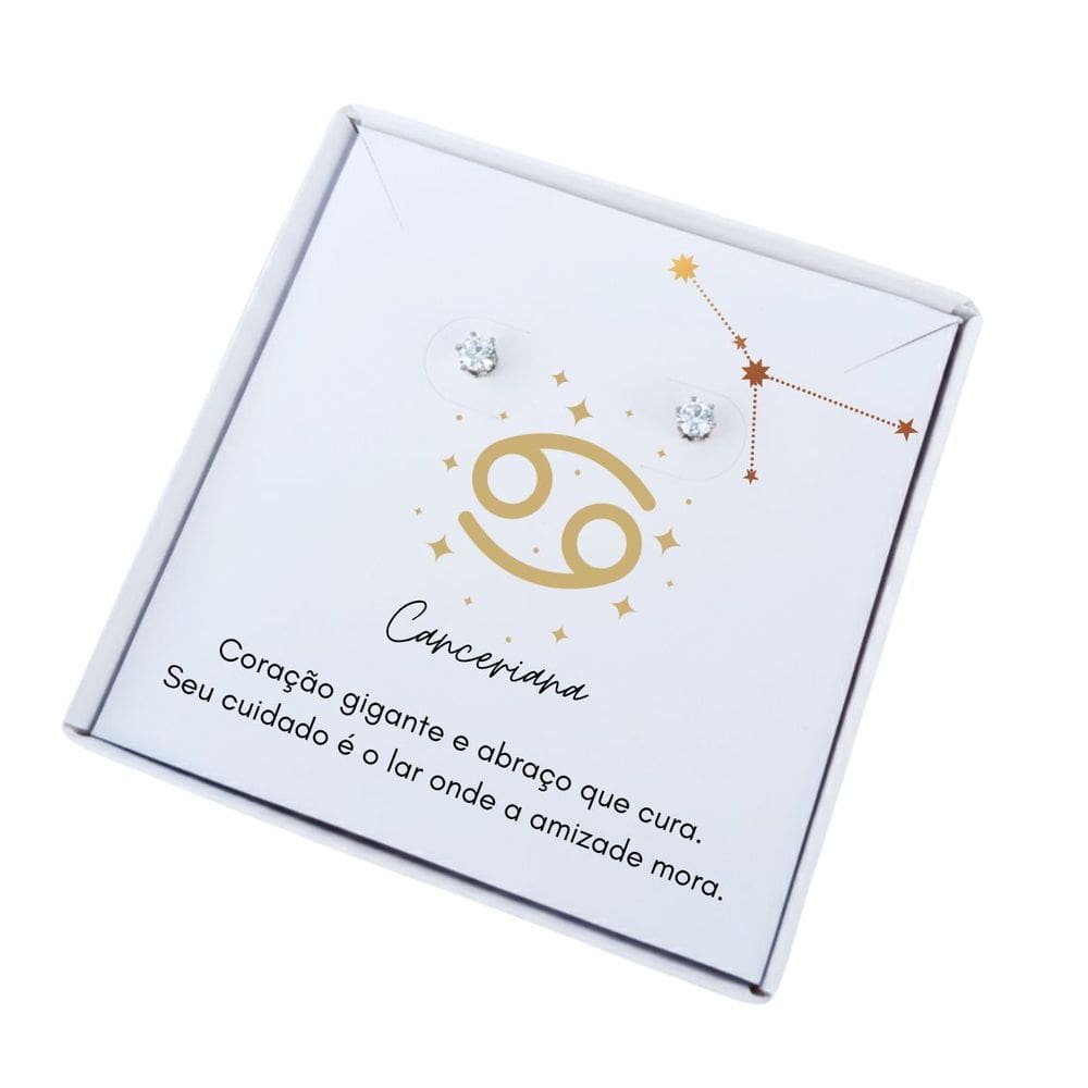 Brinco ponto de luz aço + Caixa presente com frase Signo Câncer