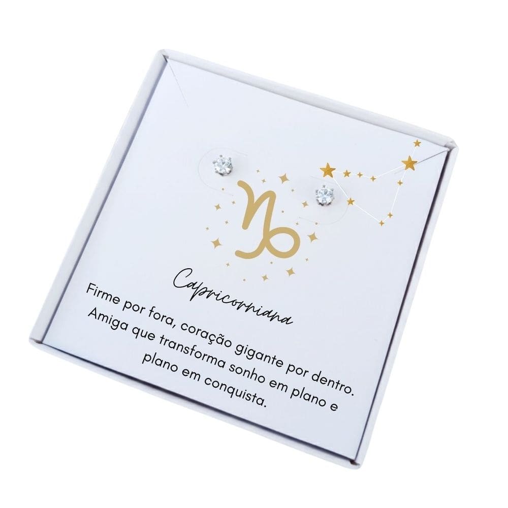 Brinco ponto de luz aço + Caixa presente com frase Signo Capricornio