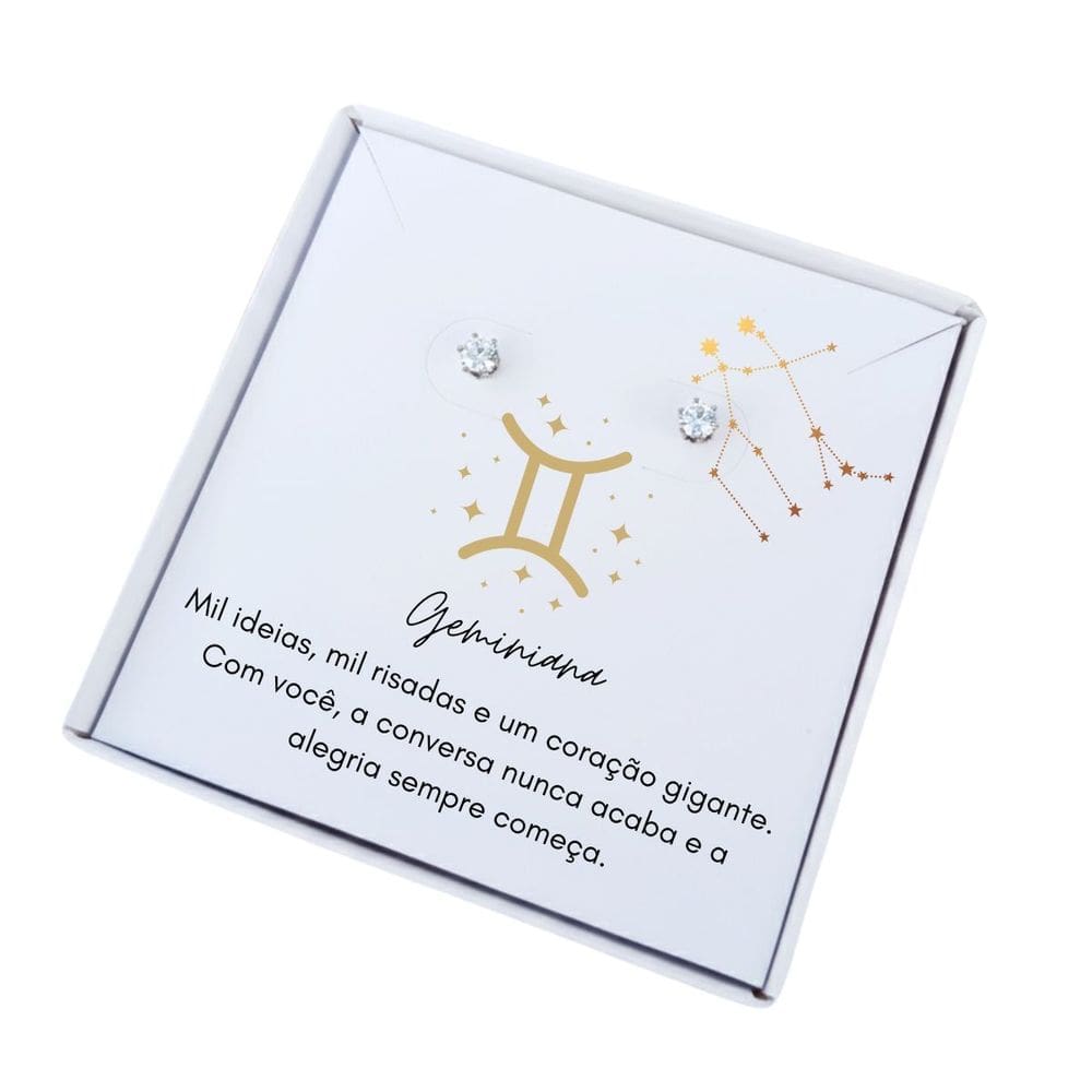 Brinco ponto de luz aço + Caixa presente com frase Signo Gêmeos