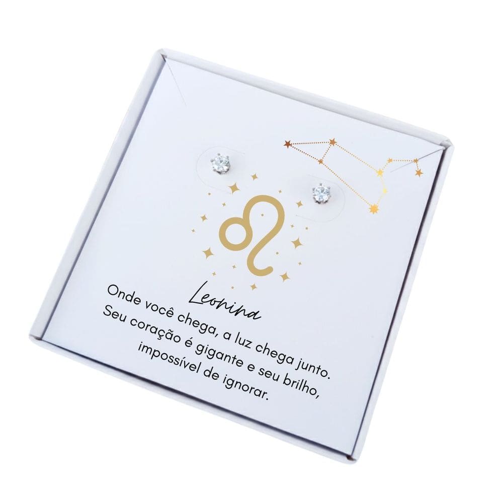 Brinco ponto de luz aço + Caixa presente com frase Signo Leão