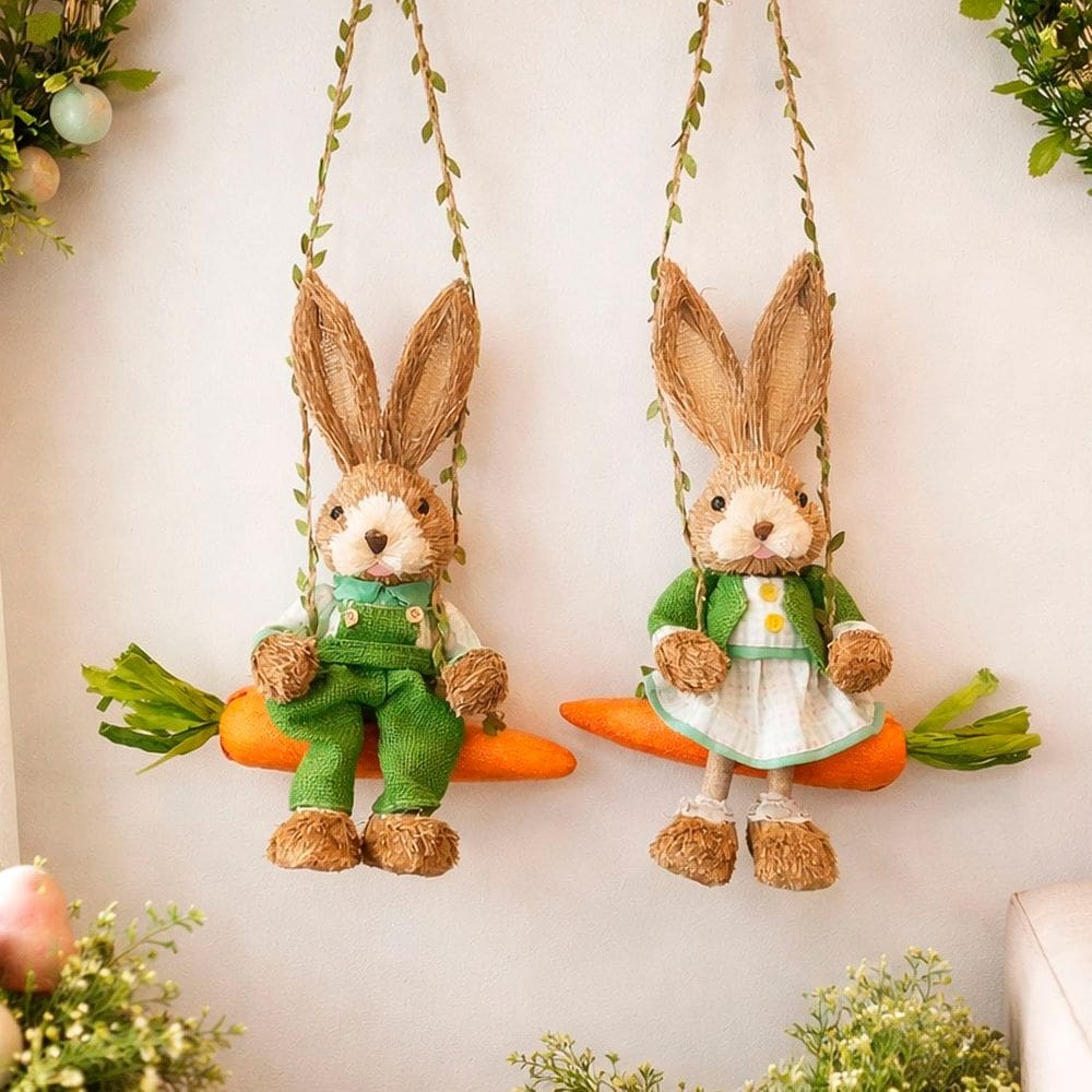 Casal Coelho Decorativos Sentado Balanço Cenoura Páscoa 60cm