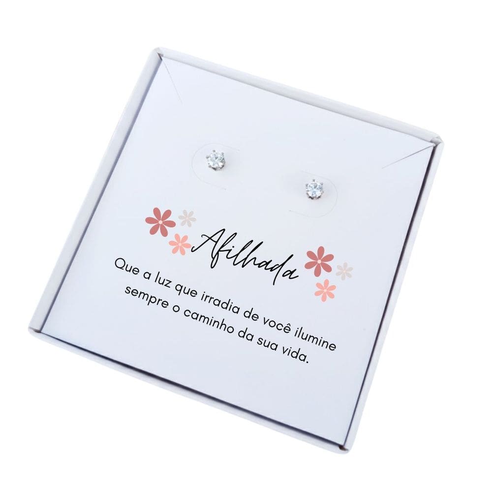 Brinco ponto de luz aço + Caixa presente com frase Afilhada