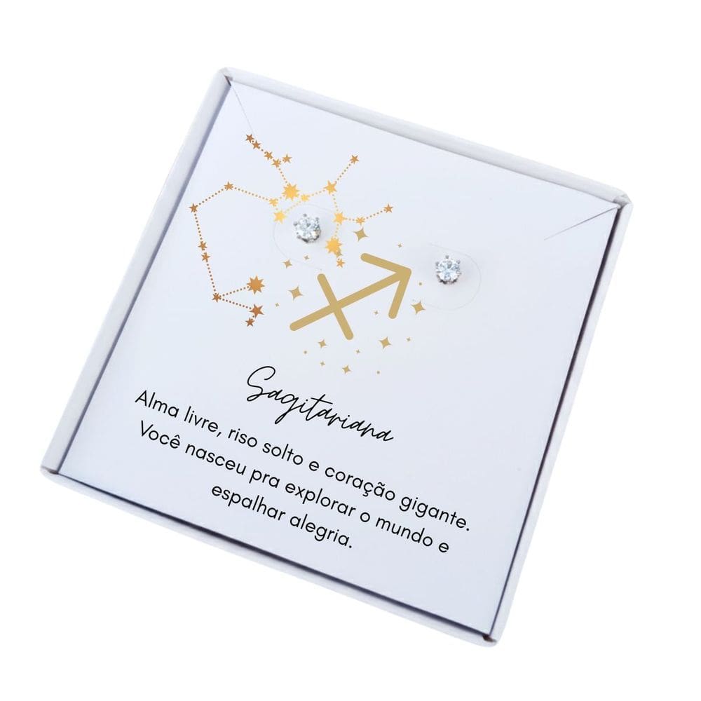 Brinco ponto de luz aço + Caixa presente com frase Signo Sagitário
